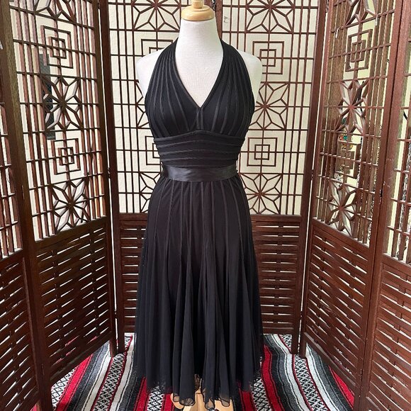 Vintage Cache Black Cocktail Halter Dress Mesh Overlay Whimsigoth Stretch Sz 2 - Picture 1 of 8